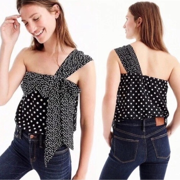 NWT J. Crew Silk Black White Polka Dot One-Shoulder Bow Top Size 00 - Picture 2 of 10